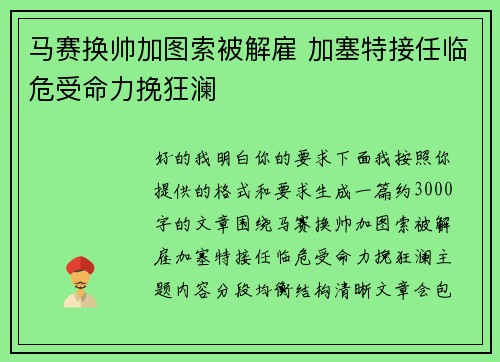 马赛换帅加图索被解雇 加塞特接任临危受命力挽狂澜